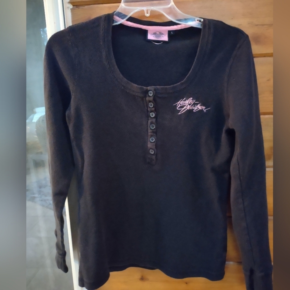 Harley Davidson Waffle Knit Scoop Neck Pullover Long Sleeve L Pink Black Cotton - Picture 5 of 10